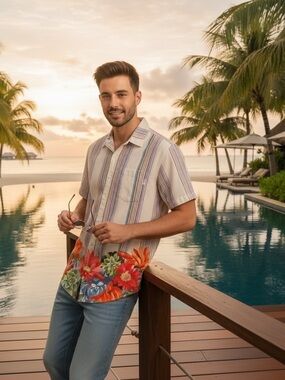 Mavrans Picante Weekend Short-Sleeve Button-up Shirt Striped with Floral Hem SzL